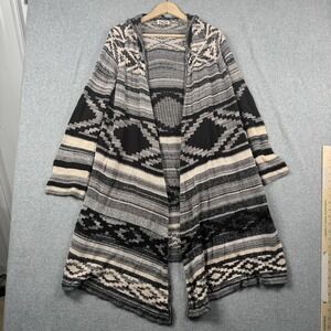 Mudd Sweater Womens XL Black Gray Hooded Aztec Boho Open Duster Cardigan Y2K